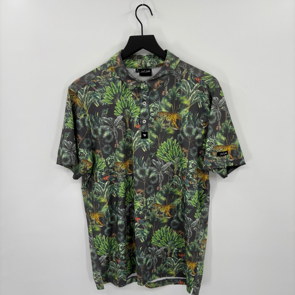 Bad Birdie‎ Polo Shirt Mens Medium Green Jungle Tiger Print Performance Golf